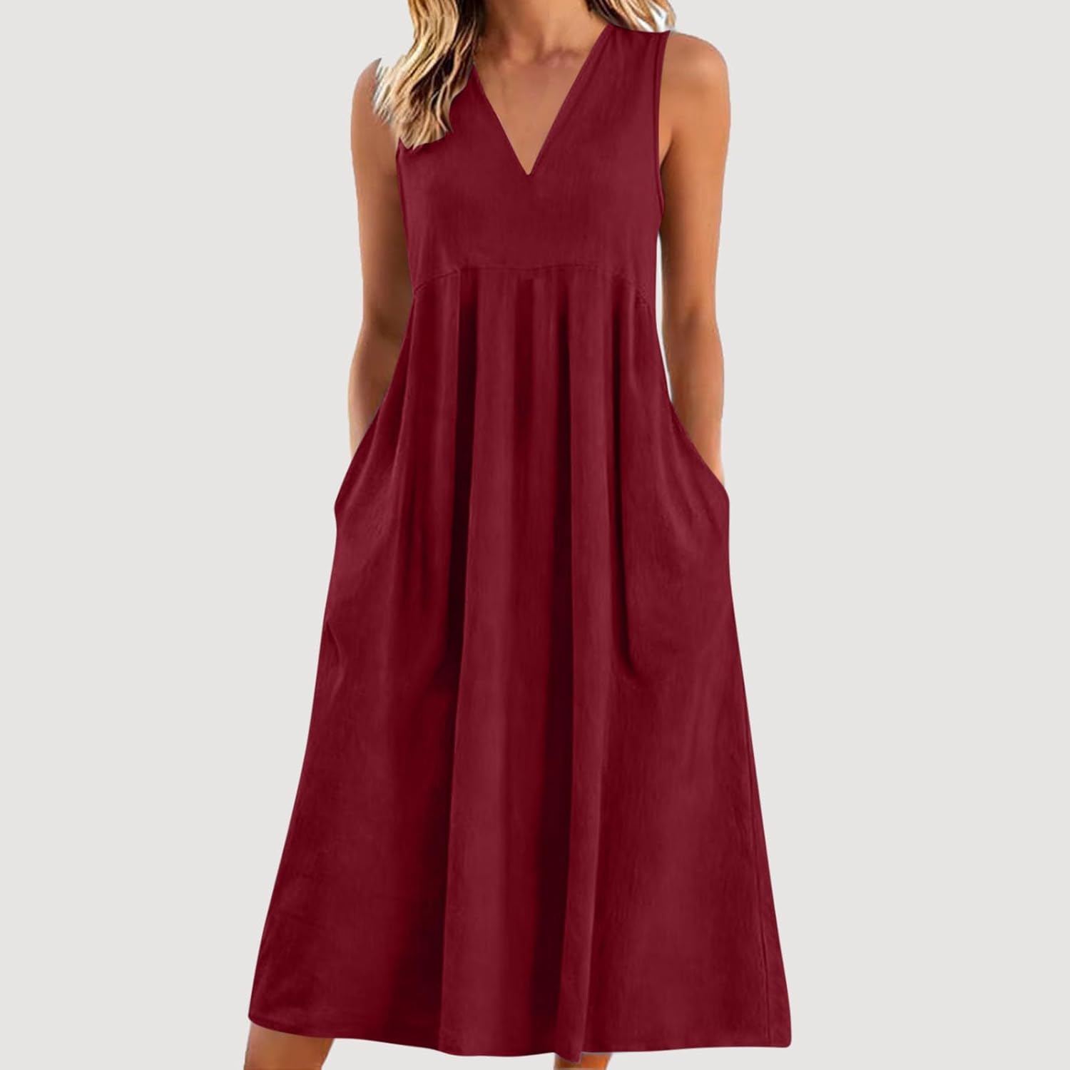 Lina Robe Femme – Robe Maxi Lin Col V Sans Manches Poches Fluide Été