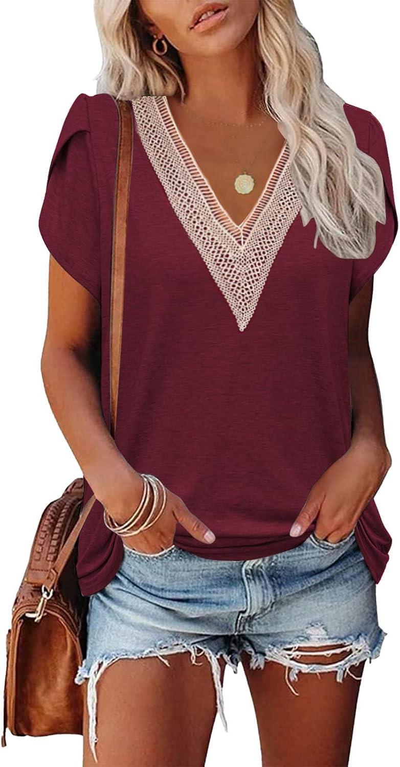 Sophie T-Shirt Femme – Haut à Col V Dentelle et Manches Pétales