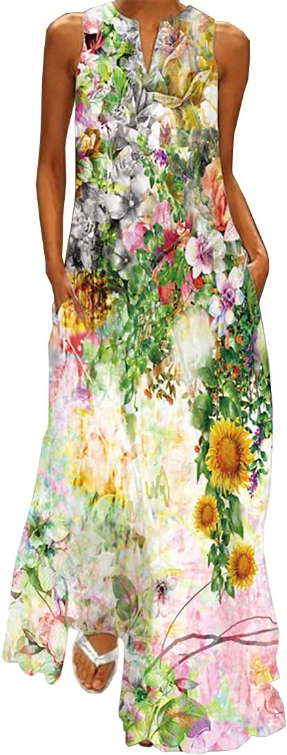 Maëlys Vestido Largo Bohemio Floral para Mujer – Vestido Maxi Fluido Sin Mangas con Escote en V y Bolsillos