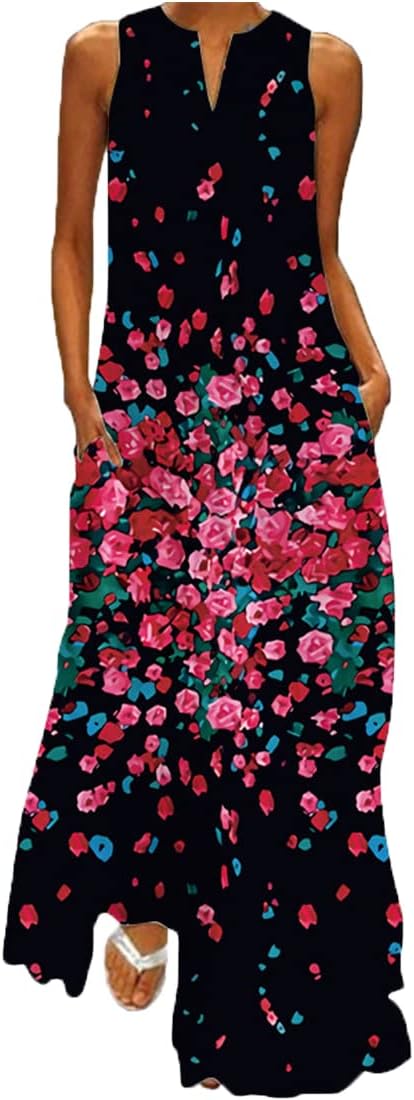 Maëlys Vestido Largo Bohemio Floral para Mujer – Vestido Maxi Fluido Sin Mangas con Escote en V y Bolsillos