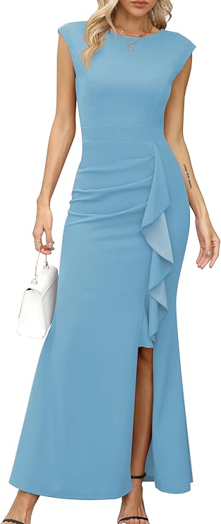 Rhea Dámský Dlouhý Župan – Siréna Střih, Kulatý Výstřih & Elegantní Rozparek s Volánky na Večer
