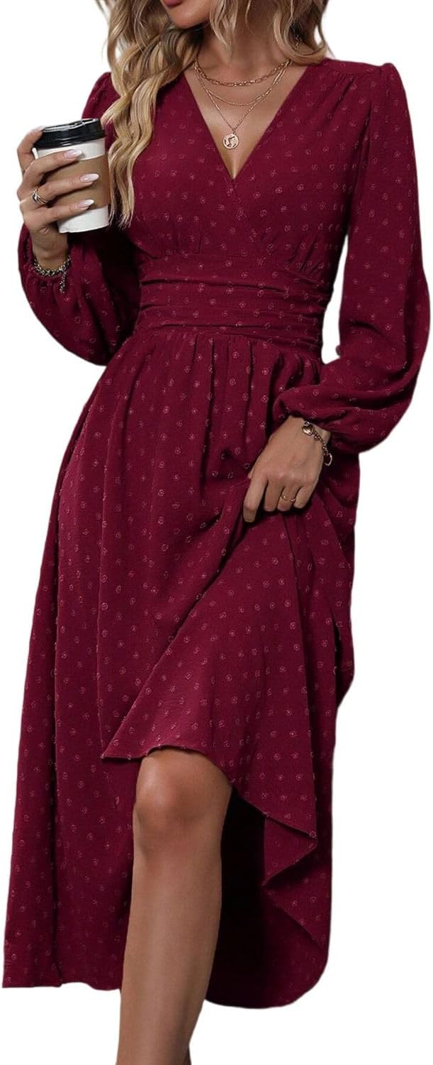Aurélie Robe Élégante Femme – Robe Midi à Col V, Taille Haute et Manches Longues