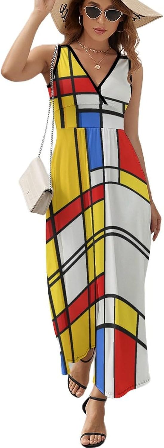 Vestito Lena Donna – Vestito Maxi Scollo a V Senza Maniche Vita Alta Motivo Moderno Estate