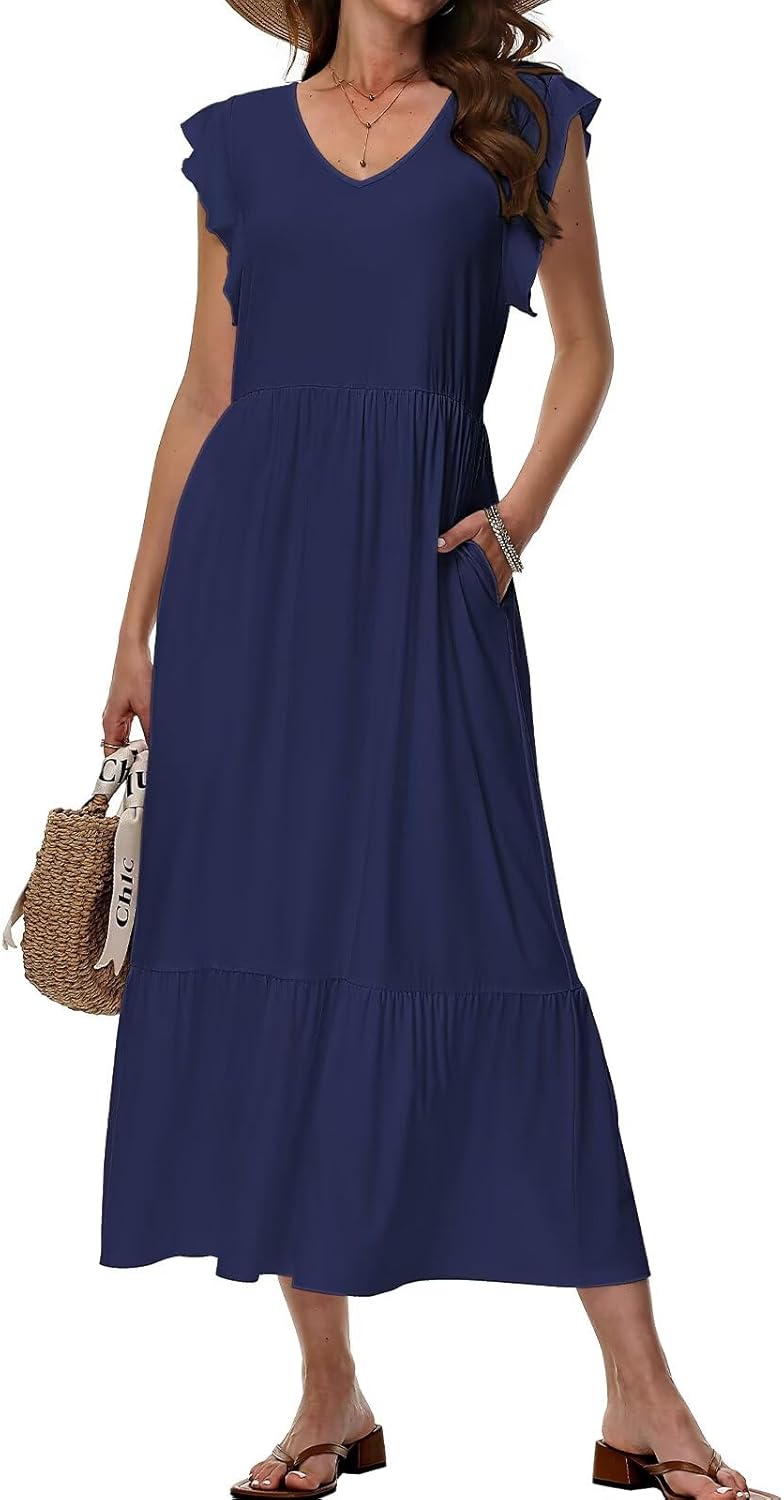 Elena Damenkleid – Midikleid mit Blumenmuster, V-Ausschnitt, fließendem Schnitt und Taschen, Sommer