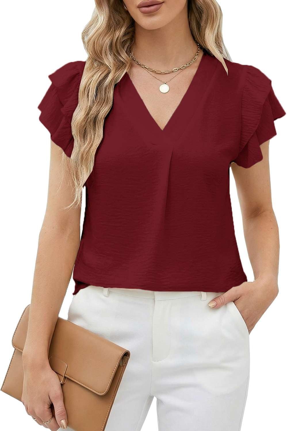 Dámska blúzka Camille – elegantný top s vysokým golierom, volánmi, krátkymi rukávmi, štýlový letný model