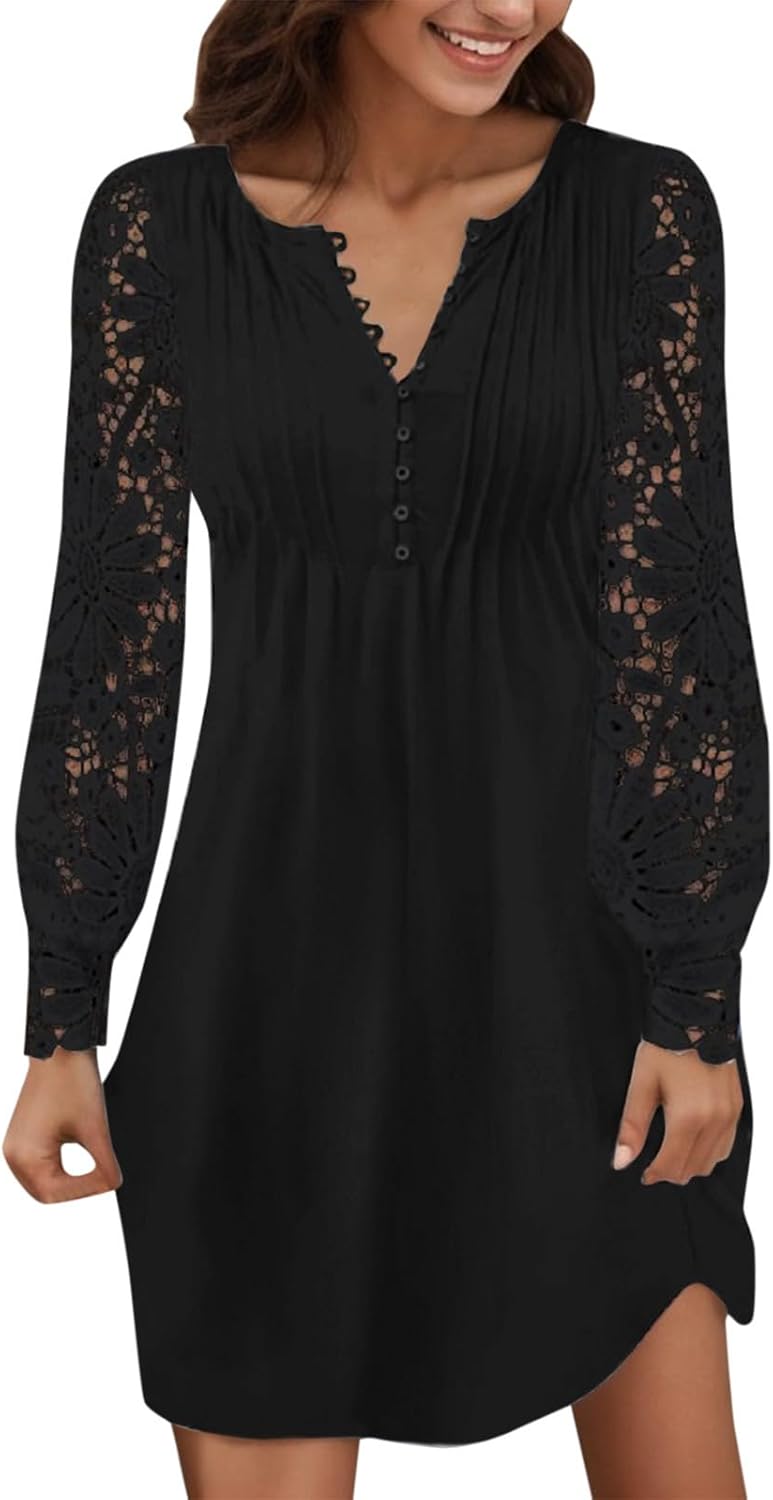 Vestido Feminino Elegante Victoria – Vestido Curto em Renda com Decote em V e Mangas Compridas