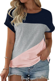 Emma T-shirt til kvinder Oversize – Rund hals, Color Block, Korte ærmer i bomuld