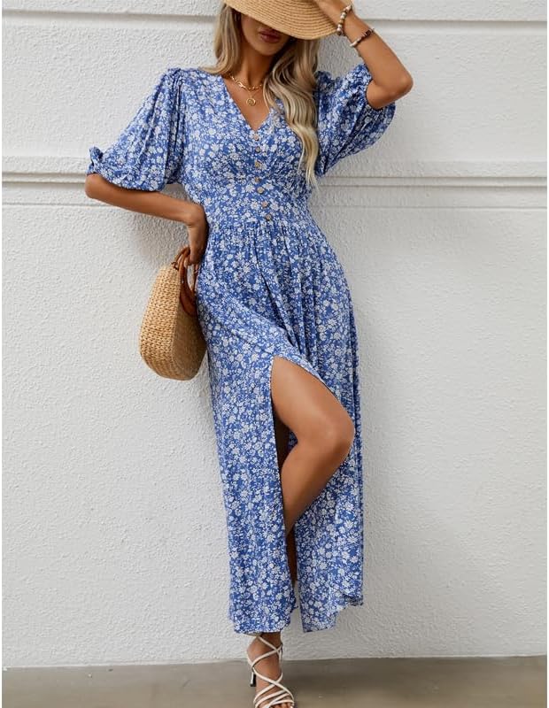 Robe Joyce Mulher Boémia Floral – Decote V Cruzado, Midi Fluido, Mangas de Verão