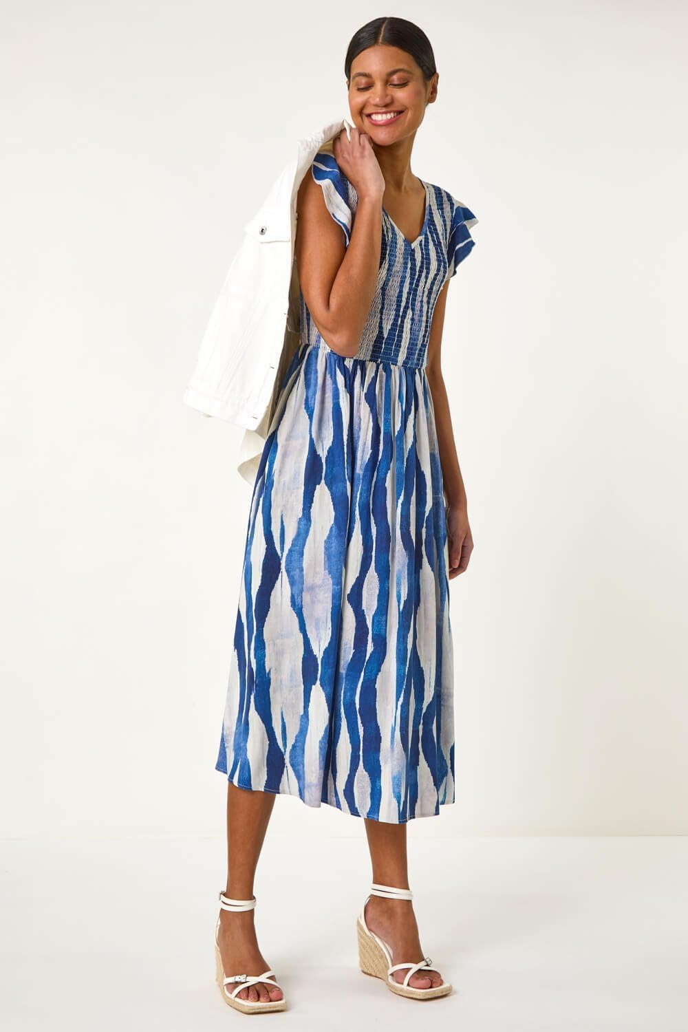 Vestido Midi Amélie Mulher – Vestido Floral Franzido Gola Redonda Folhos Verão Chic