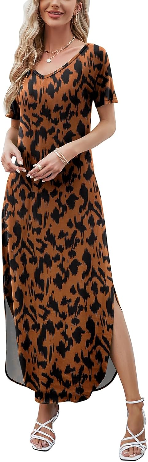 Julie Maxikleid Damen – Langes Kleid mit V-Ausschnitt und Schlitz, lässig, fließend und elegant für den Sommer