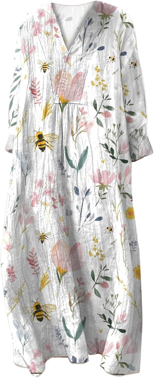 Emily Robe Femme – Robe Midi Col V Manches Longues Coupe A-Line Fluide Été
