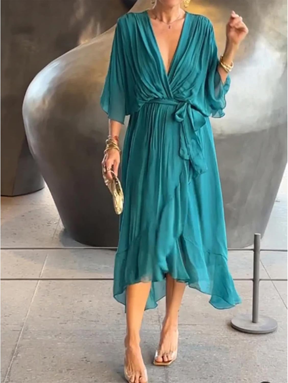Alessia kjole til kvinder – Maxi chiffonkjole med V-hals, flæser og høj talje, elegant