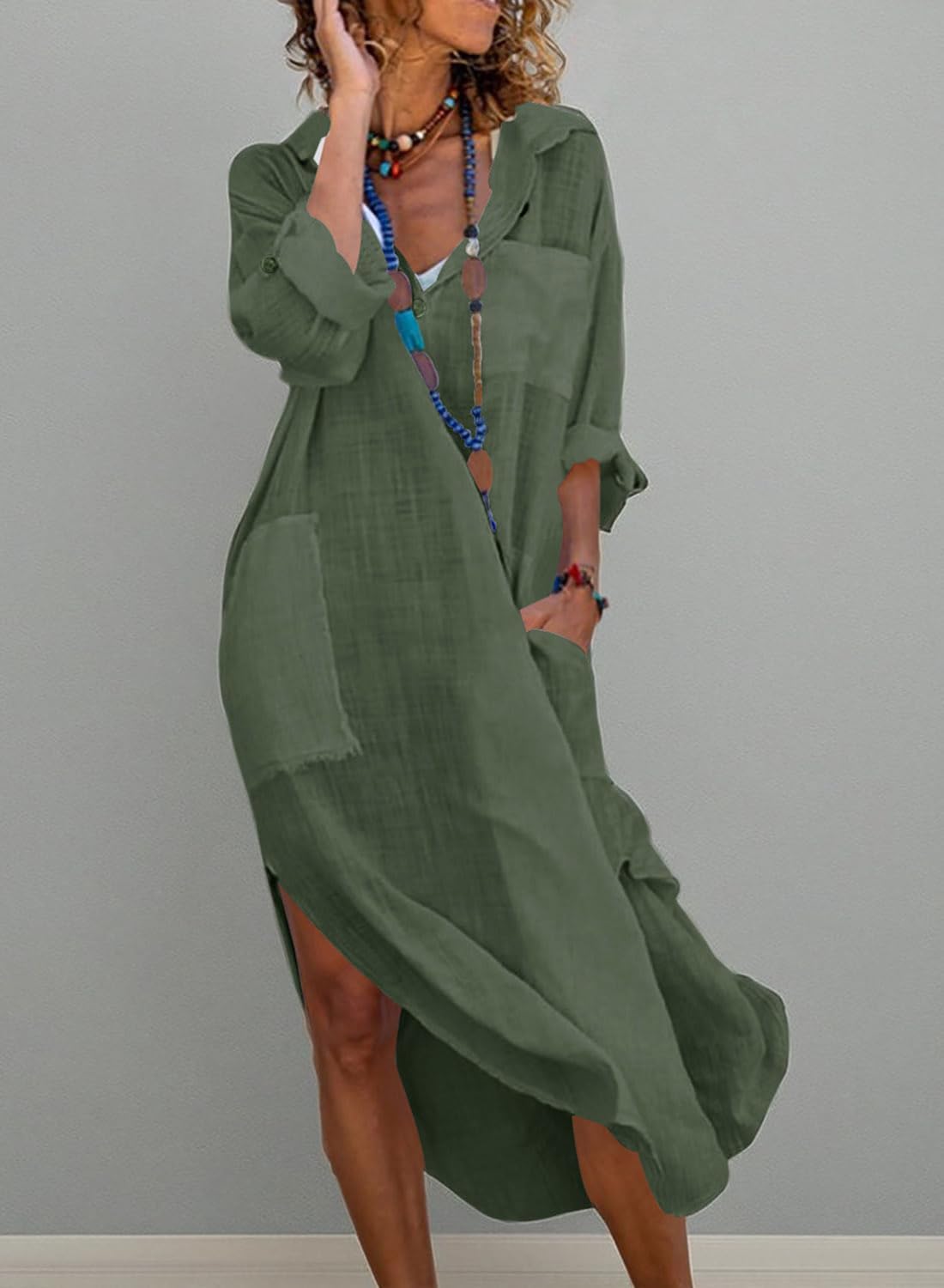 Emma Langes Hemdblusenkleid Damen – Leinen-Baumwollkleid mit Knopfleiste, Schlitz und Taschen