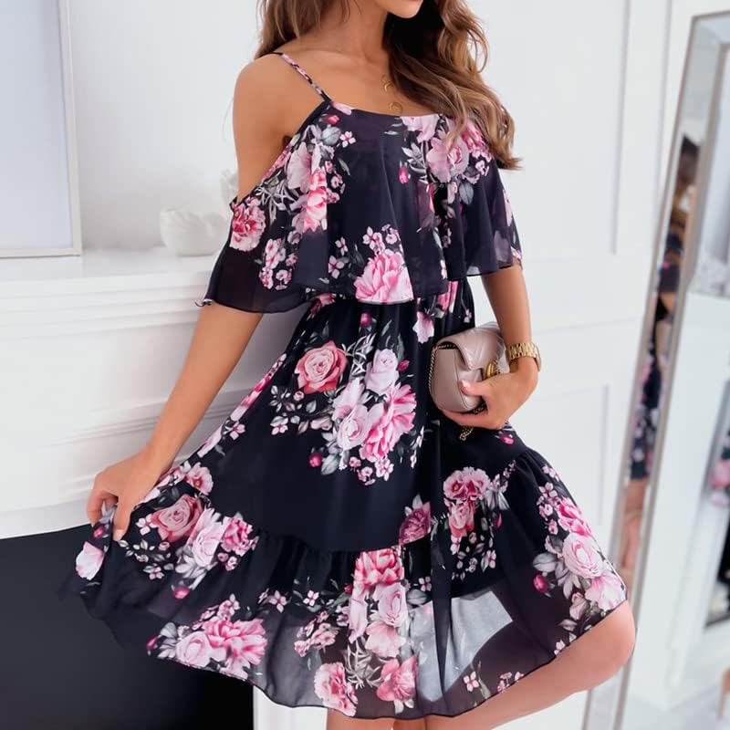 Vestido Feminino Boémio Mhaine – Ombros Descobertos, Folhos, Corte Midi Fluido Verão