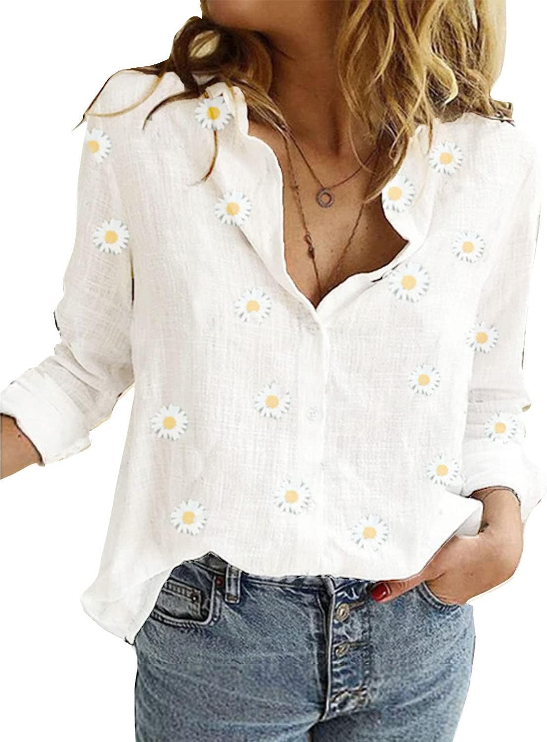Clara Women's Linen Blouse – V-Neck Buttoned Shirt Loose Elegant Fit