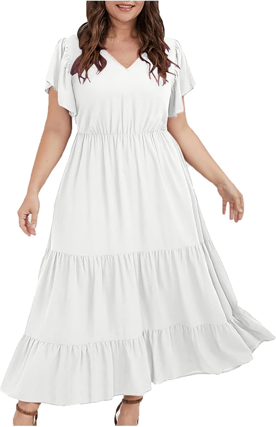 Manon Robe Femme – Robe Bohème Col V Manches Courtes A-Line Fluide Été Grande Taille