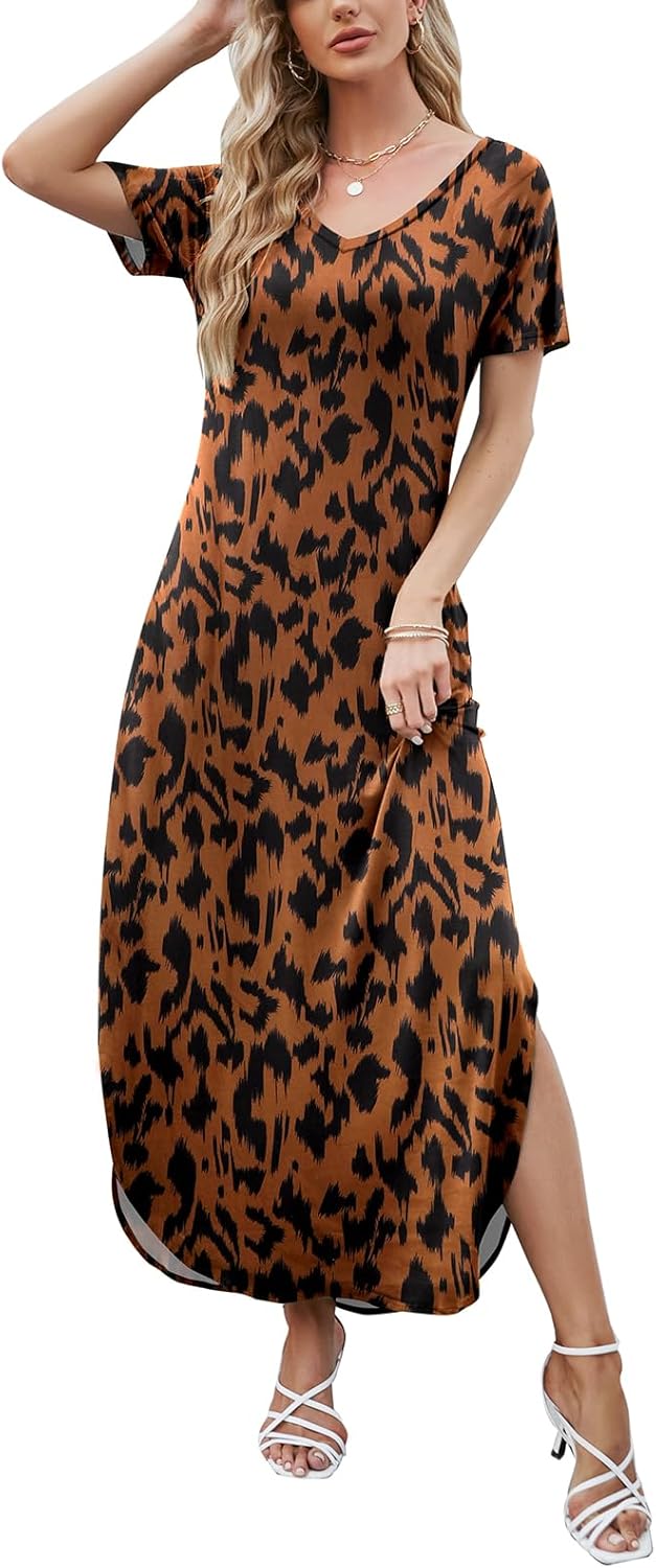 Julie Maxikleid Damen – Langes Kleid mit V-Ausschnitt und Schlitz, lässig, fließend und elegant für den Sommer