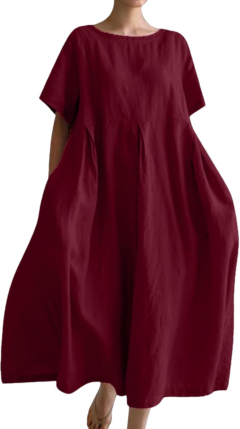 Giulia Women's Dress – Maxi Cotton Dress, Flowing Cut, Round Neck, Casual Elegant Summer