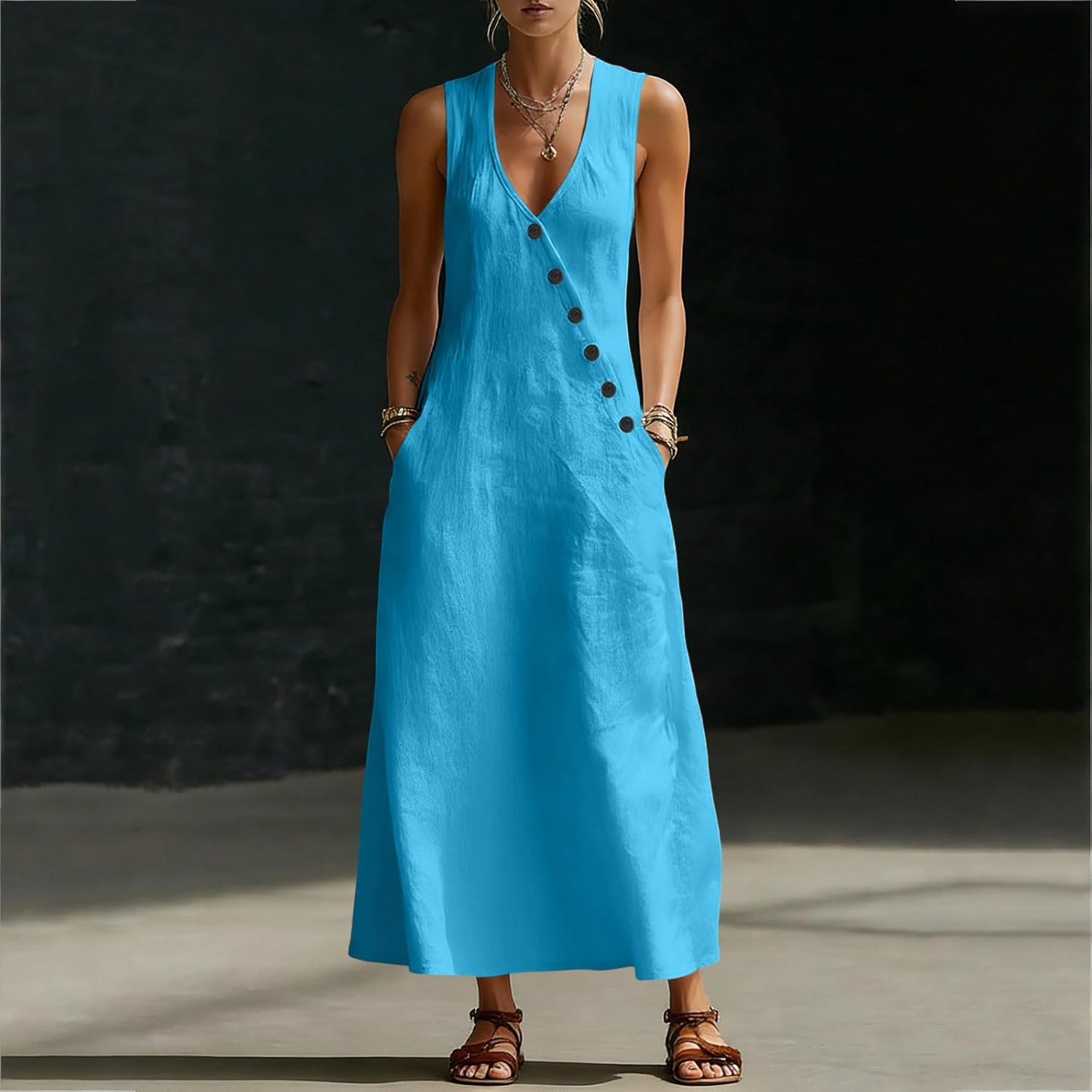 Laura Abito Donna – Abito Midi Cotone Scollo a V Senza Maniche Bottoni Taglio A-Line Estate
