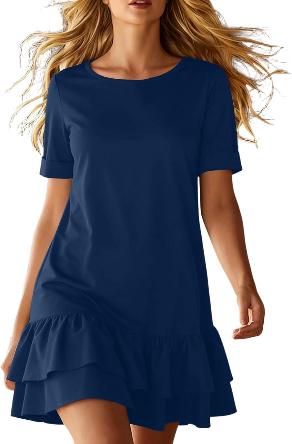 Lina Women's Dress – Mini T-Shirt Dress with Round Neck, Ruffles, Double Hem, Bohemian Summer