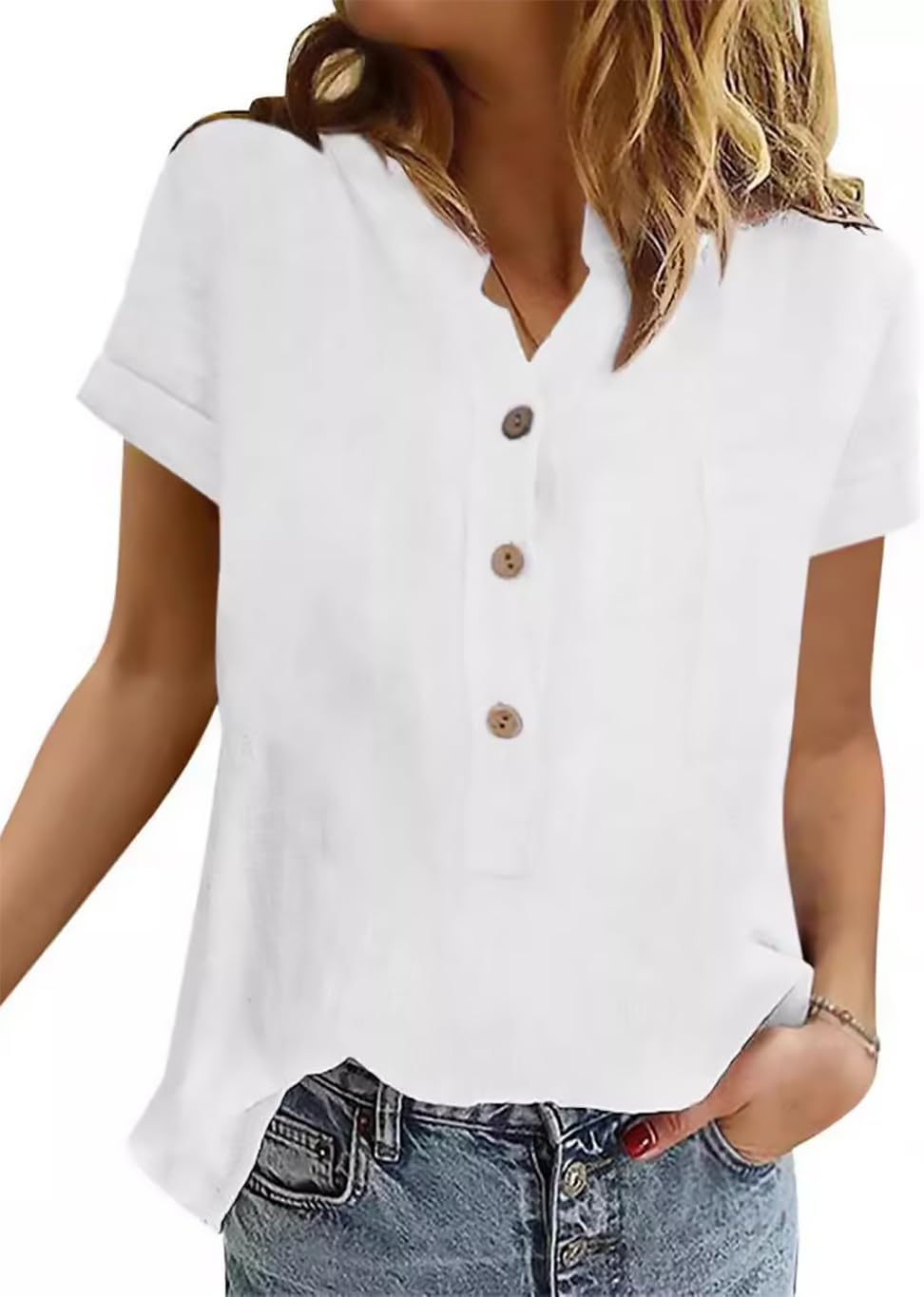 Sophie Bluse Dame Bomuld – Top med V-hals Henley Korte Ærmer Elegant Sommer