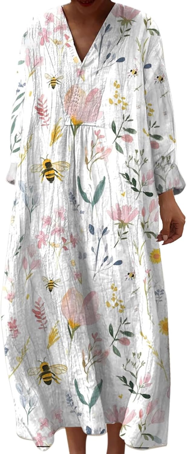 Emily Robe Femme – Robe Midi Col V Manches Longues Coupe A-Line Fluide Été