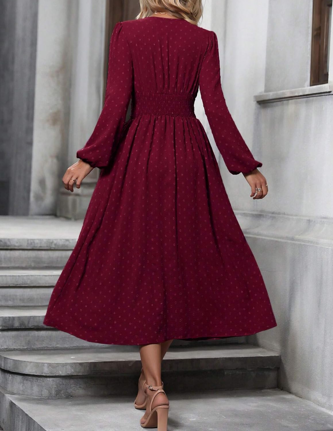Aurélie Robe Élégante Femme – Robe Midi à Col V, Taille Haute et Manches Longues