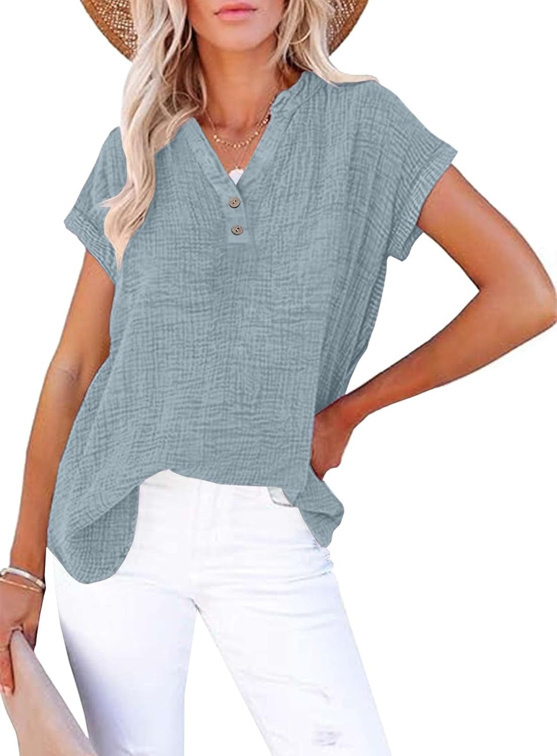 Camille Bluse für Damen aus Baumwolle und Leinen – Oberteil mit V-Ausschnitt und Vintage-Knöpfen