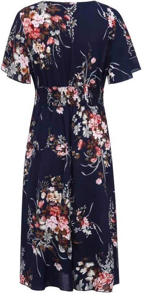 Élise Robe Femme – Robe Midi Fleurie Col V A-Line Lin Coton Fluide Élégante Été
