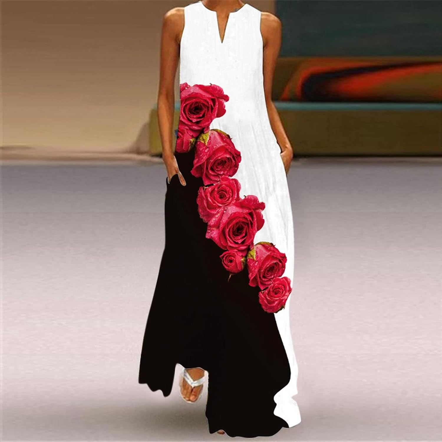 Susana Robe Longue Femme – Robe Bohème Sans Manches à Col V avec Poches