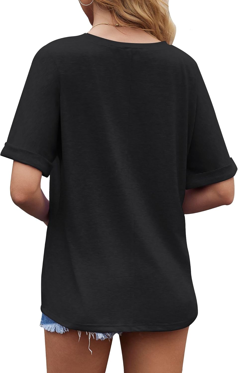 T-shirt Emma Mulher Oversize – Top Decote em V Mangas Curtas Leve Verão Chic