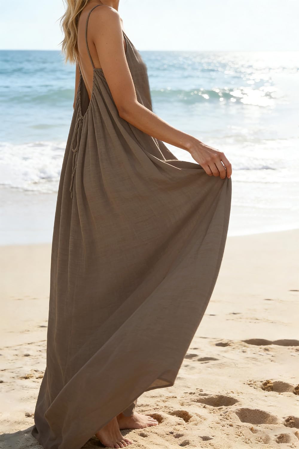 Vestido Maxi Luna Mulher – Vestido de Verão Costas Nuas com Alças Ajustáveis Estilo Linho Fluido