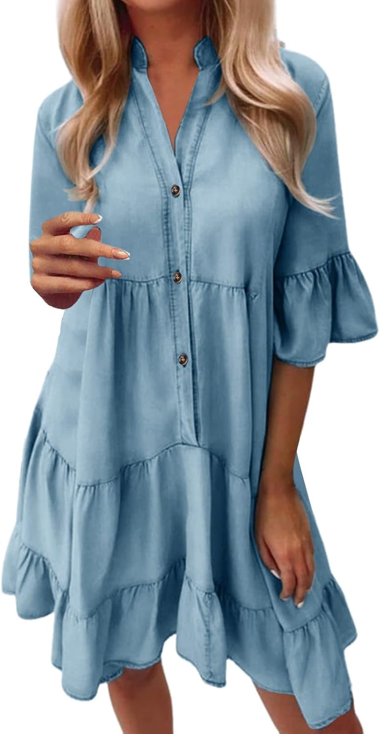 Sophie Bohemian Shirt Dress for Women – Short Flowing Dress with V-Neck and Short Sleeves