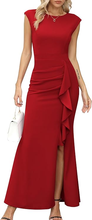 Rhea Dámský Dlouhý Župan – Siréna Střih, Kulatý Výstřih & Elegantní Rozparek s Volánky na Večer