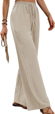 Sophie Pantalon Femme en Lin – Pantalon Large Taille Haute à Cordon et Poches