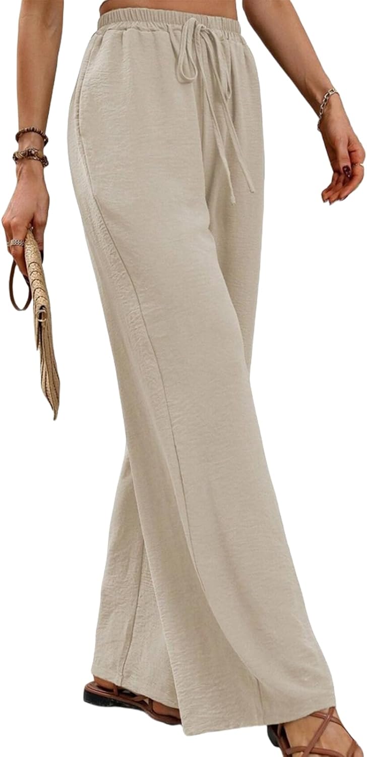 Sophie Pantalon Femme en Lin – Pantalon Large Taille Haute à Cordon et Poches