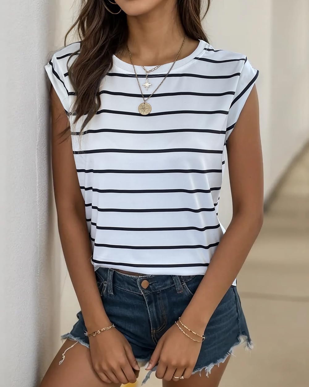 Emmary T-shirt donna a righe – top leggero maniche a cappuccio collo tondo taglio ampio estate