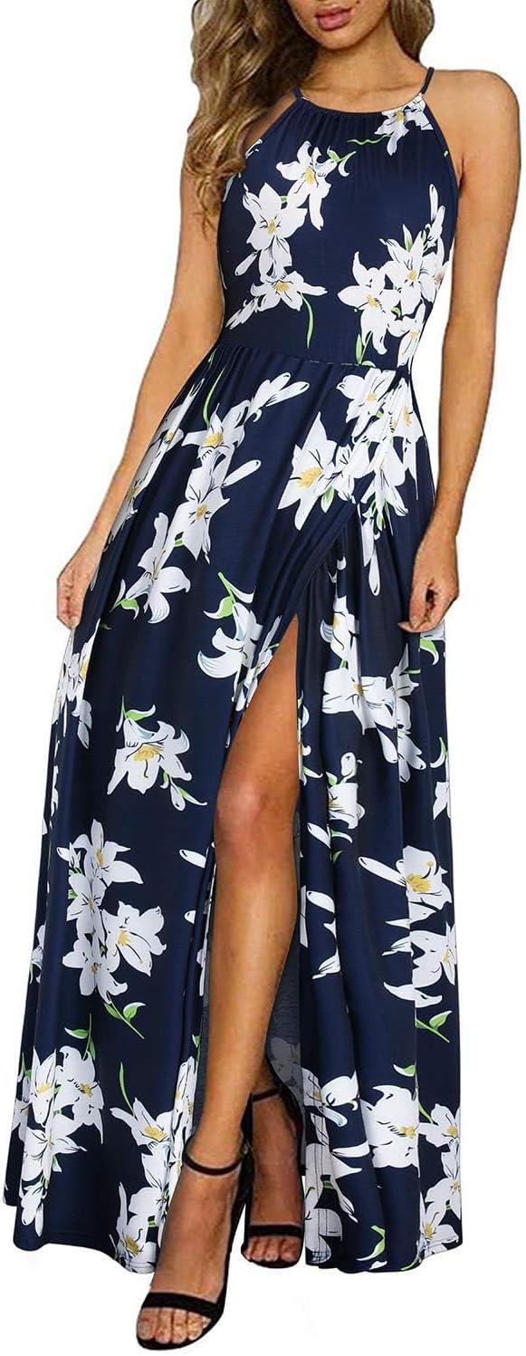 Valentina Abito Donna – Abito Maxi Floreale Fluido con Scollo Halter e Tasche Elegante Estate