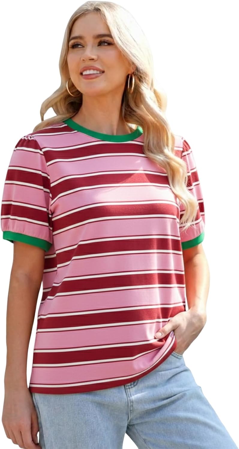 Emma T-shirt til kvinder med striber – Rund hals, løs pasform, korte ærmer, bomuld til sommer