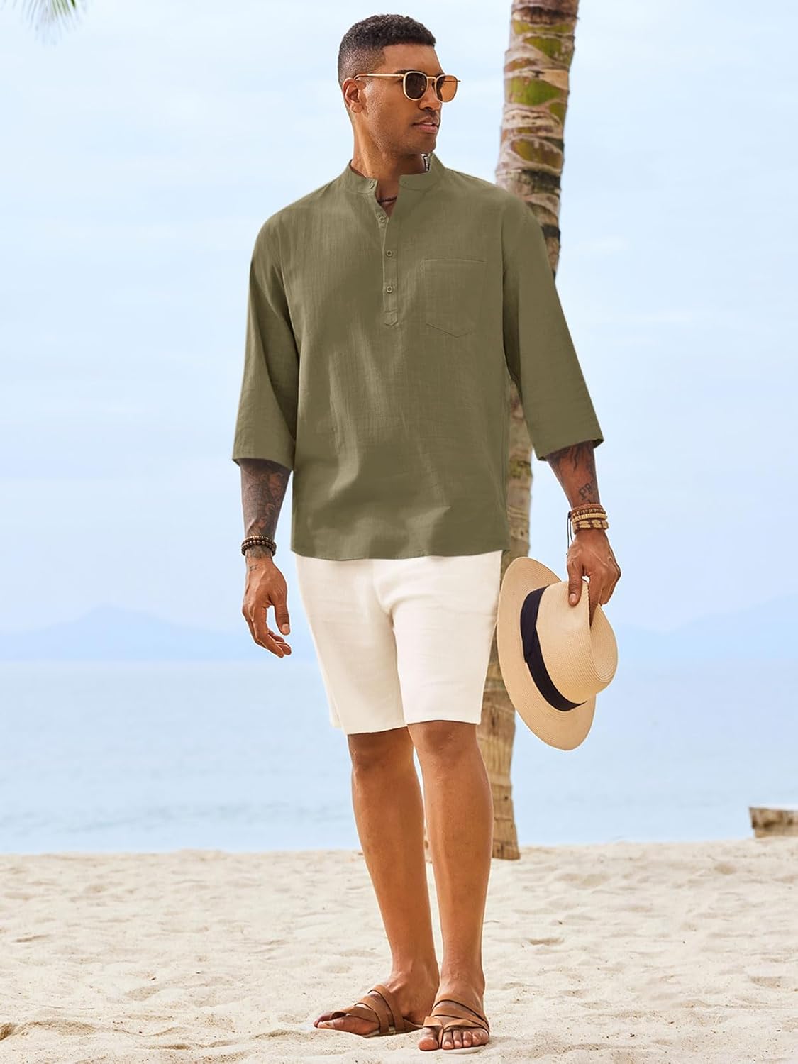 Byron Chemise Henley Muški – Lan i Pamuk, 3/4 Rukavi, Ljetni Boho Stil