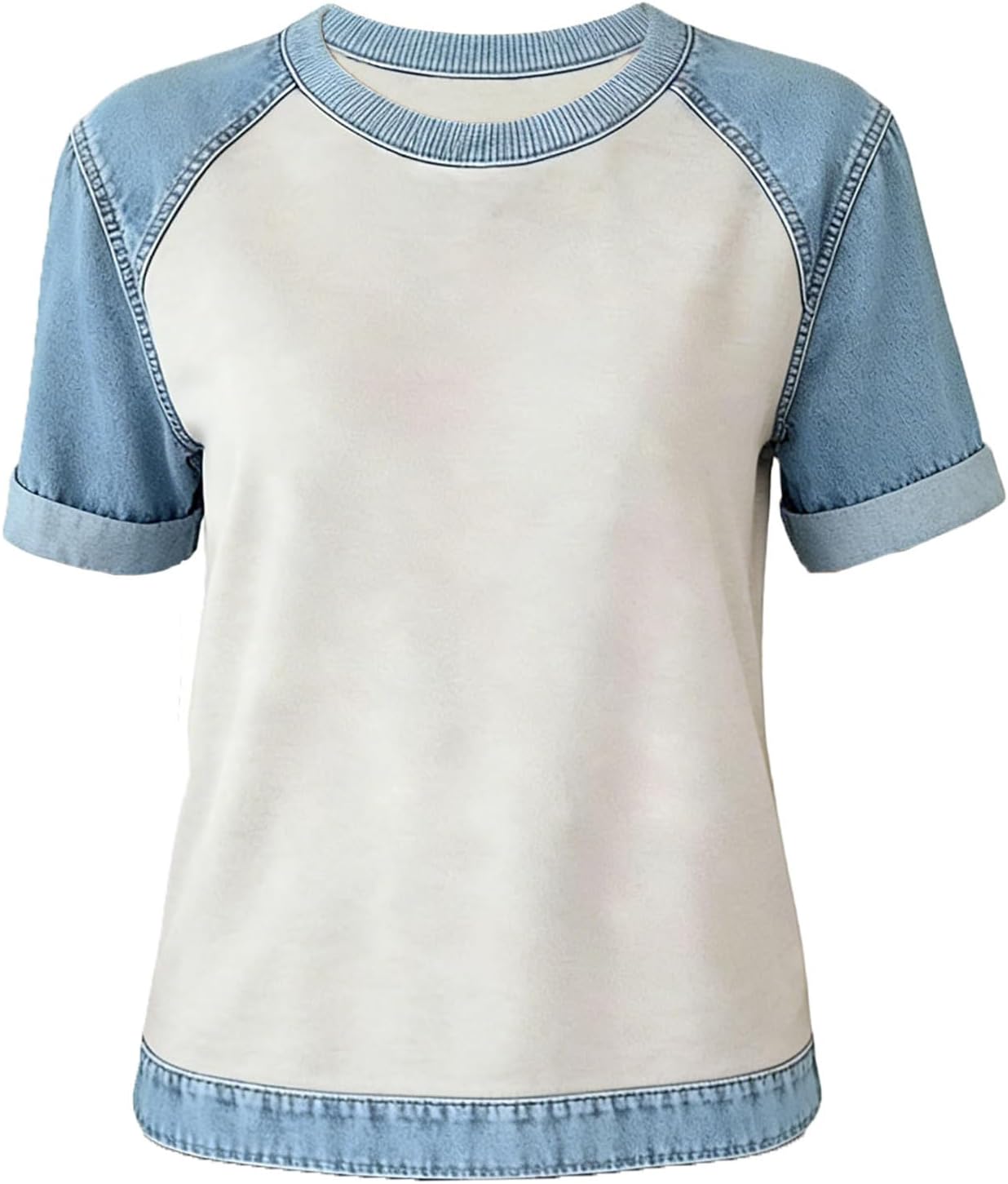 Glaidel Blouse Femme Col Rond – T-Shirt Denim Léger Coupe Fluide Casual Élégant Été
