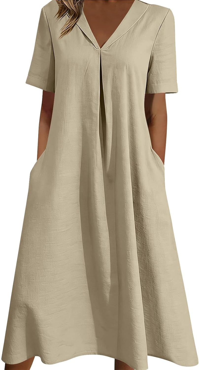 Sophie Women's Dress – Maxi Linen Dress V-Neck Short Sleeves Pockets A-Line Summer