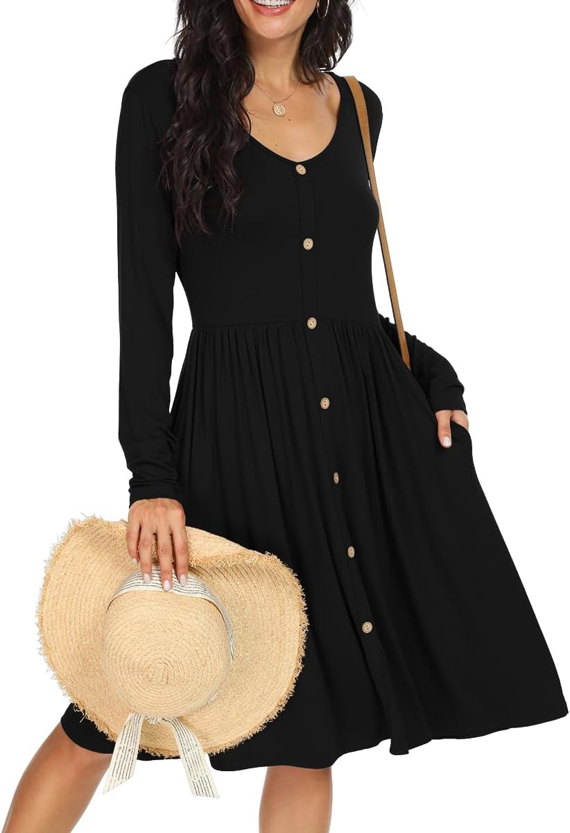 Julie Robe Midi A-Line – Robe Casual Manches Longues avec Poches Femme