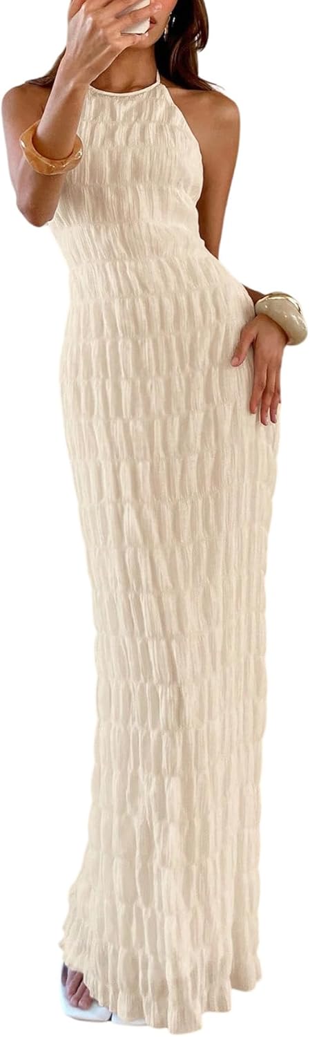 Sukienka Eva Maxi Damska – Elegancka sukienka bodycon z odkrytymi plecami i wiązaniem na szyi, styl Old Money