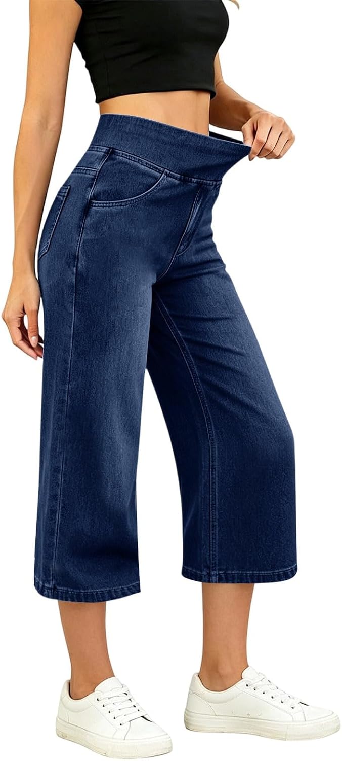 Léonie Jean 7/8 Mulher – Calças de ganga elásticas de cintura subida, corte justo direito
