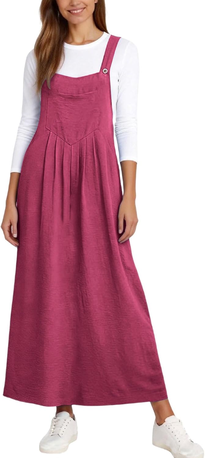 Camille langer Latzrock für Damen – Plissiertes Latzkleid mit verstellbaren Trägern und Taschen