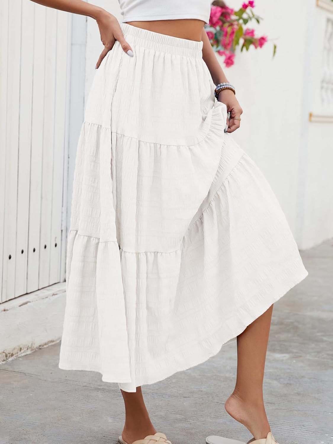 Neyla Maxi Skirt for Women – Bohemian High-Waisted Smocked Skirt with Ruffles and Pockets