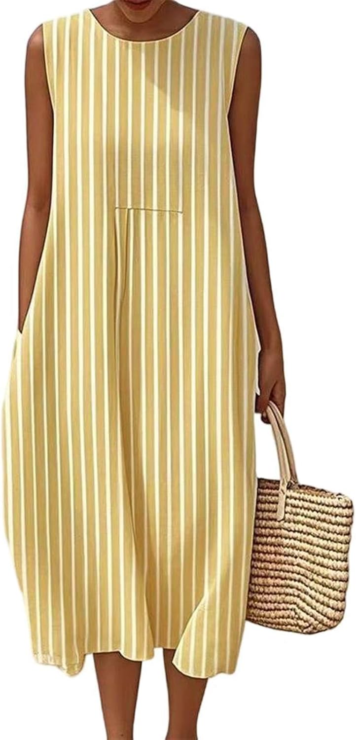 Vestido Elena Mulher – Vestido Midi de Linho Floral Gola Redonda Sem Mangas Bolsos Boémio Verão
