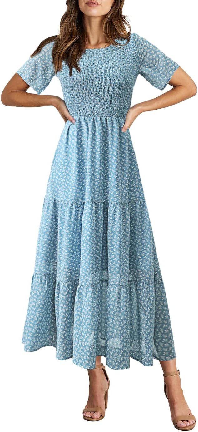 Vestido Maxi Élise Mulher – Vestido Floral Boémio Smock Folhos Verão Elegante