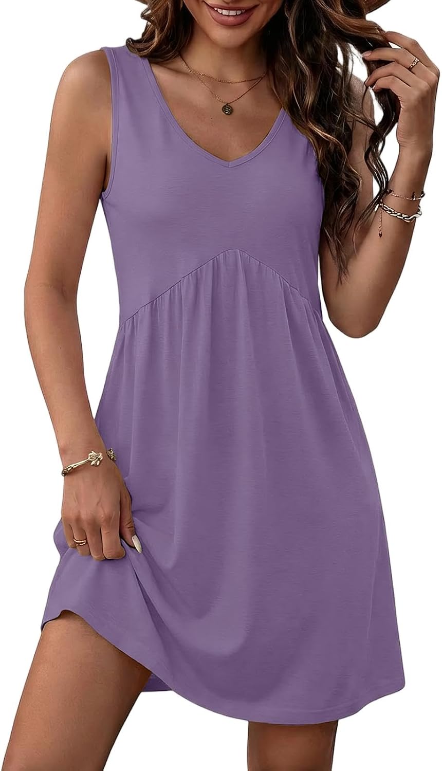 Vestido Midi Freya Mulher Verão – Decote em V Sem Mangas Plissado com Bolsos